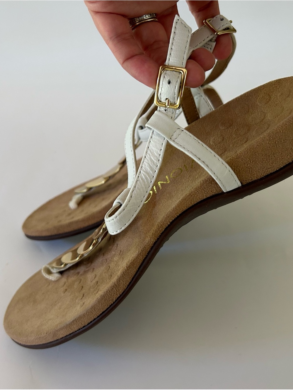 NEW White Women's T-Strap leather Sandals with Gold Accent - Picture 7 of 14